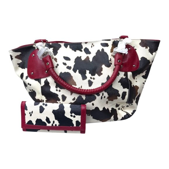 Y2K Camo Cow Print Handbag & Wallet Set Red Faux Leather Accents Western SW NEW - Picture 1 of 14
